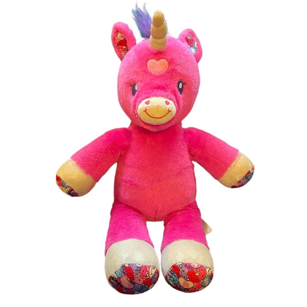 BUILD A BEAR Candy Hearts Pink Valentine Unicorn 19" Stuffed Plush Rainbow hair - Picture 1 of 11